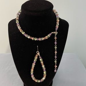Crystal necklace and bracelet.  Purple, blue, green, peach colored crystals.